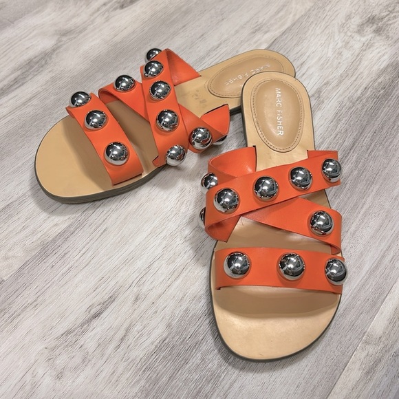 Marc Fisher Bryte Stud Flats Orange Slide Sandals with Silver Stud Accents / 8.5 - Picture 1 of 8